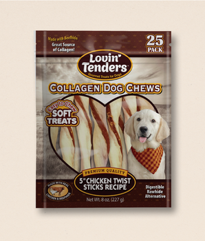 Lovin Tenders Collagen Dog Chews 5" Chicken Twisted ROLLS Recipe 25-Pack