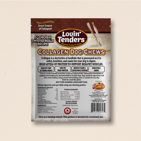Lovin Tenders Collagen Dog Chews 5" Chicken Twisted ROLLS Recipe 25-Pack