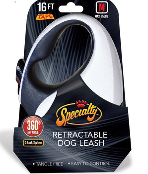 Specialty Retractable Dog Leash (Tape) MED, 16 ft, up to 55 lbs. in Black & White