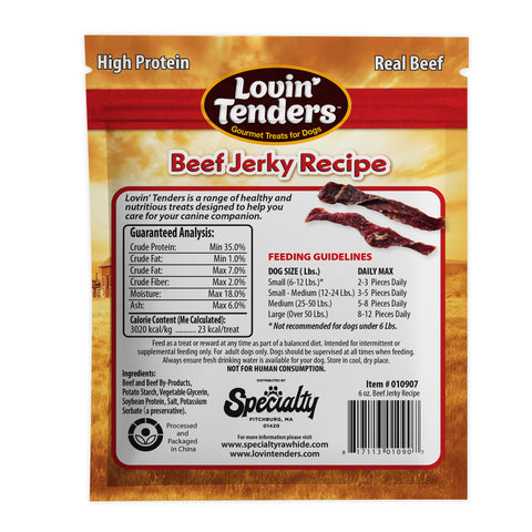 Back of a Lovin' Tenders Beef Jerky Recipe dog treat pouch, showing product branding, ingredients panel, feeding guidelines, and a barcode on a white background.