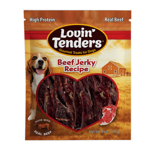 A package of Lovin' Tenders Beef Jerky Recipe dog treats, featuring a brown and orange bag with a heart-shaped window showing the dark red jerky strips inside, a beagle photo, and a small raw beef slice graphic.