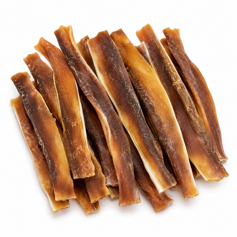 A pile of dried, elongated sticks with a golden-brown and dark brown coloration, arranged on a clean white background.