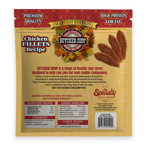 Back of a bag of Butcher Shop Harvest Edition Chicken Fillets Recipe dog treats, showing product details, ingredients, feeding guidelines, and a barcode on a beige package with red accents.