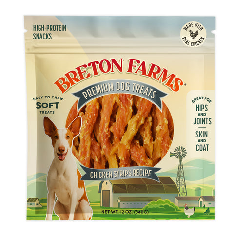 A 12 oz bag of Breton Farms Premium Dog Treats, Chicken Strips Recipe. The packaging features a cartoon dog, a farm illustration, and a circular window showing the golden-brown chicken strip treats inside.