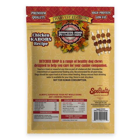 Back of a package of Butcher Shop Harvest Edition Chicken Kabobs Recipe dog chews, showing product information, ingredients, and a barcode on a beige and red bag.