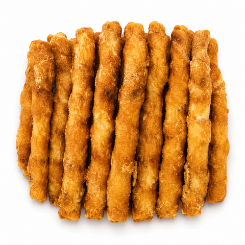 A pile of golden-brown, crispy-fried chicken snacks, arranged closely together on a plain white background.