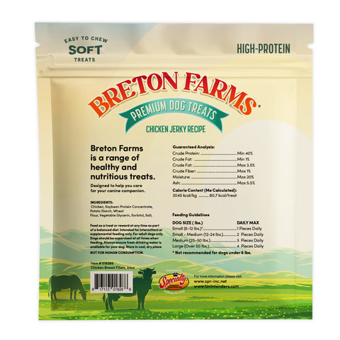 Back of a Breton Farms Premium Dog Treats bag, Chicken Jerky Recipe, showing product details, ingredients, feeding guidelines, and a green field with cow illustrations at the bottom.