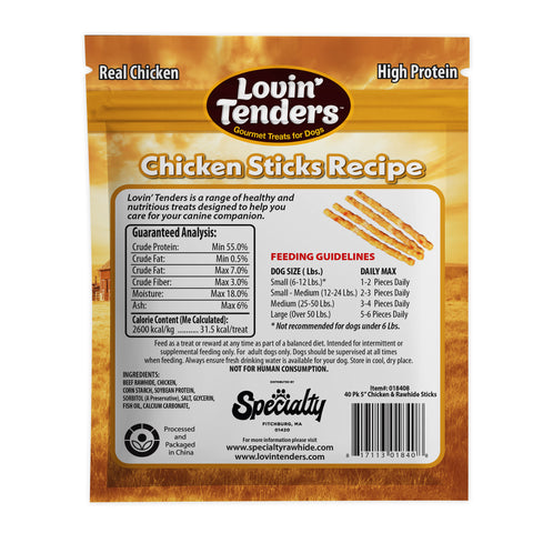 Back of a Lovin' Tenders Chicken Sticks Recipe dog treat bag, showing product details, guaranteed analysis, feeding guidelines, ingredients, and a barcode on a white background.