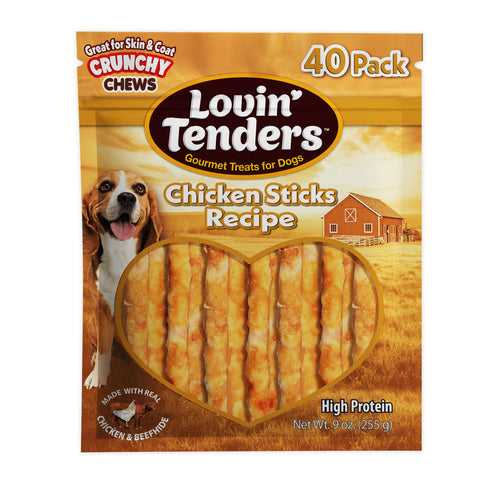 A 40-pack bag of Lovin' Tenders Chicken Sticks Recipe dog treats. The packaging features a golden-brown background with a heart-shaped window showing the chicken stick treats inside, alongside an image of a beagle and a barn illustration.