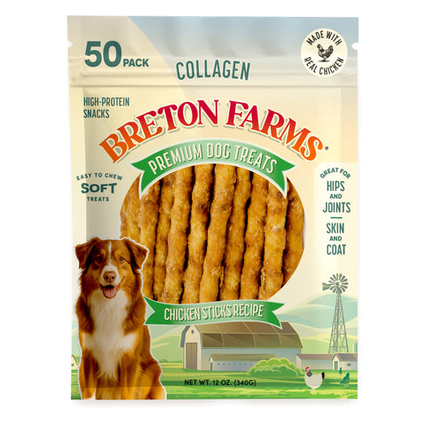 A 50-pack bag of Breton Farms Premium Dog Treats Collagen Chicken Sticks Recipe. The packaging features a large photo of an Australian Shepherd dog on the lower left, a clear window showing the golden-brown collagen sticks inside, and a colorful farm illustration at the bottom.