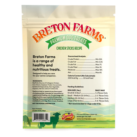 A bag of Breton Farms Premium Dog Treats, Chicken Sticks Recipe, shown from the back side. The packaging is cream-colored with a green banner and red brand logo, featuring nutritional facts, feeding guidelines, and a barcode.