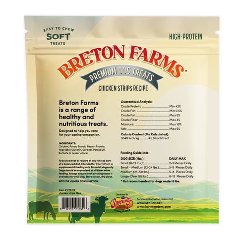 Back side of a Breton Farms Premium Dog Treats bag, Chicken Strips Recipe, showing product details, ingredients, feeding guidelines, and a green farm illustration at the bottom.
