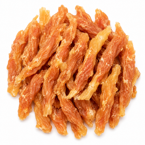 A pile of dried, curled strips of orange-brown food, resembling beef jerky or dried fruit, isolated on a white background.