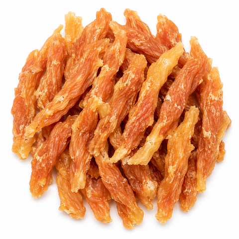 A pile of dried, curled strips of orange-brown food, resembling beef jerky or dried fruit, isolated on a white background.