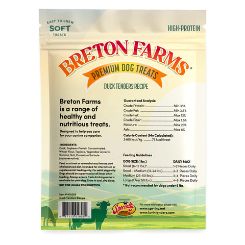 Back of a bag of Breton Farms Premium Dog Treats Duck Tenders Recipe, showing product details, ingredients, feeding guidelines, and a green border with cow illustration.