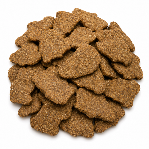 A pile of brown textured dog food kibble pieces on a plain white background.