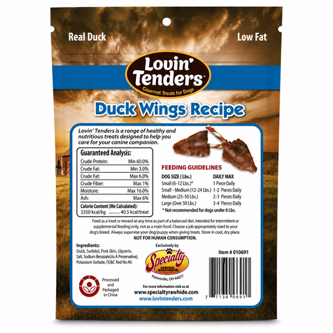 Back of a Lovin' Tenders Duck Wings Recipe dog treat pouch, showing product branding, guaranteed analysis, feeding guidelines, ingredients, and a barcode on a white background.