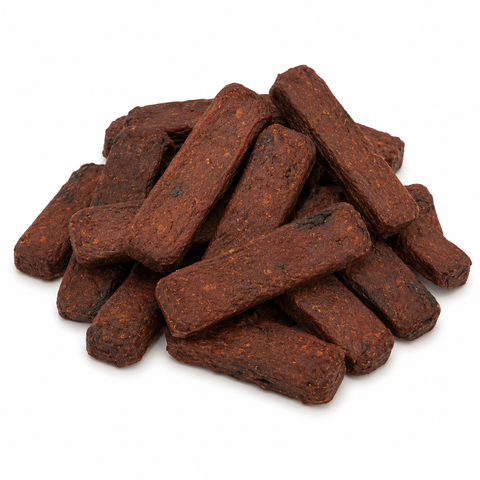 A pile of dark reddish-brown rectangular sticks, likely dried plant stems or bark pieces, arranged on a plain white background.