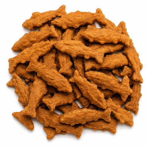 A pile of golden-brown, crispy fish-shaped snack chips on a solid white background.
