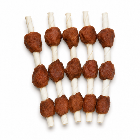 Ten dog chew treats on twisted white sticks, arranged in three rows on a clean white background.