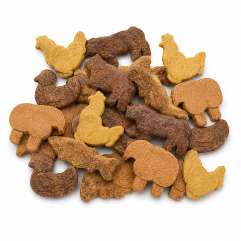 A pile of small animal-shaped dog treats in two shades of brown, photographed on a plain white background.