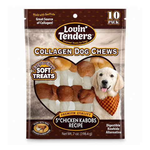 A 10-pack of Lovin' Tenders Collagen Dog Chews in Chicken Kabobs Recipe. The product is packaged in a brown and beige resealable stand-up pouch with a clear heart-shaped window showing the soft brown bone-shaped chews inside.
