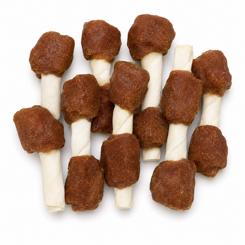 A set of dog chew treats shaped like mushrooms, featuring brown textured tops and off-white twisted sticks, arranged on a plain white background.
