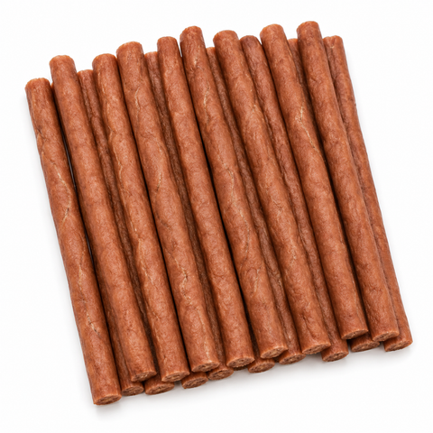 A set of brown textured cylindrical sticks, likely dog treats or sticks, arranged in a fan shape on a plain white background.