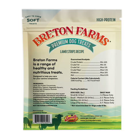 A bag of Breton Farms Premium Dog Treats Lamb Strips Recipe, featuring a cream-colored background with green and red branding, and a green illustration of cows at the bottom.
