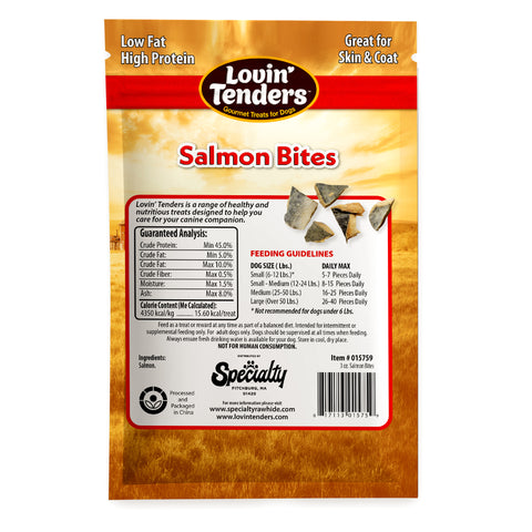 Back of a Lovin' Tenders Salmon Bites dog treat pouch, showing product details, guaranteed analysis, feeding guidelines, and a barcode on a white background.