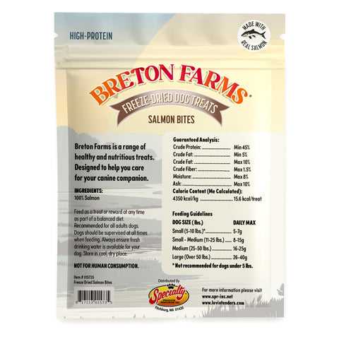 Back of a Breton Farms Freeze-Dried Dog Treats pouch for Salmon Bites, showing product details, ingredients, guaranteed analysis, feeding guidelines, and a 'Made with Real Salmon' badge on a white background.