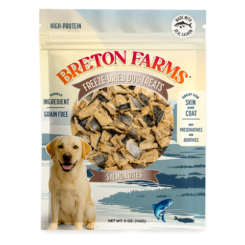 Breton Farms Freeze-Dried Dog Treats pouch for Salmon Bites, showing product details, ingredients, guaranteed analysis, feeding guidelines, and a 'Made with Real Salmon' badge on a white background.