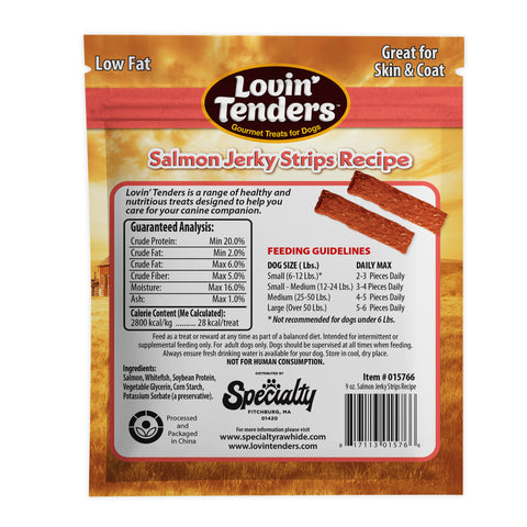 Back of a Lovin' Tenders Salmon Jerky Strips Recipe dog treat bag, showing product claims, nutrition analysis, ingredients, feeding guidelines, and a barcode on a white background.