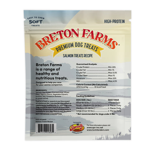 Back view of a Breton Farms Premium Dog Treats salmon treats recipe bag, showing product details, ingredients, and feeding guidelines on a white background.