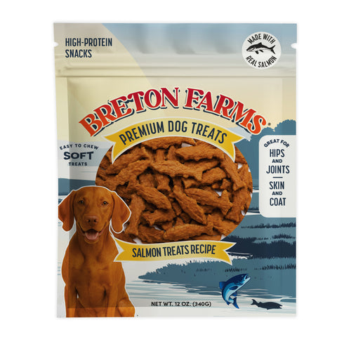 A 12 oz stand-up pouch of Breton Farms Premium Dog Treats, Salmon Treats Recipe. The packaging features a large photo of a brown dog on the lower left, a clear window showing the textured salmon-shaped treats inside, and illustrations of salmon and a fish on a blue and beige background.