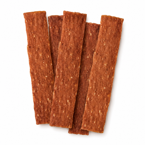 Four long, textured brown snack sticks or dried salmon strips arranged vertically on a plain white background.