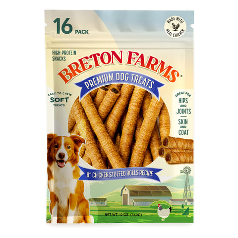 A 16-pack bag of Breton Farms Premium Dog Treats, 8" Chicken Stuffed Rolls, featuring a brown and white dog on the packaging against a white background.