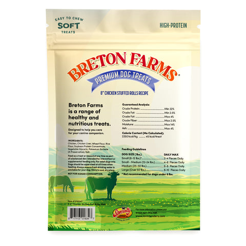 Back view of a Breton Farms Premium Dog Treats bag, 12 oz, featuring chicken stuffed dog recipe details, ingredients, and feeding guidelines on a white background.