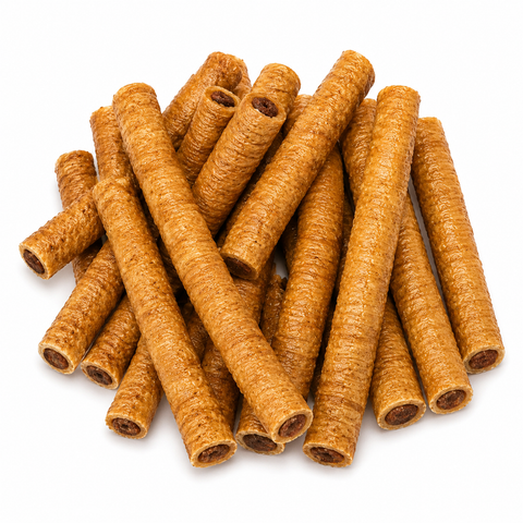 A pile of golden-brown, textured waffle- or wafer-style sticks with hollow centers, arranged on a clean white background.