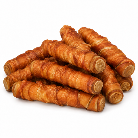 A pile of golden-brown, flaky pastry rolls, likely pralines or filled pastry sticks, arranged on a clean white background.