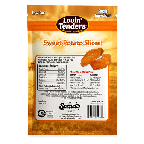 Back of a Lovin' Tenders Sweet Potato Slices dog treat pouch, showing product details, feeding guidelines, ingredients, and a barcode on an orange-brown background.