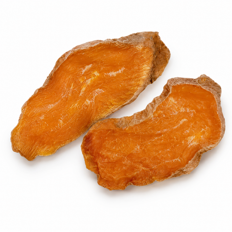 Two slices of dried sweet potato flavored dog treat.