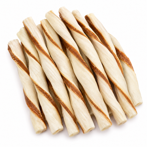 A pile of twisted dog chew treats with a light beige base and toasted brown stripes, arranged on a clean white background.