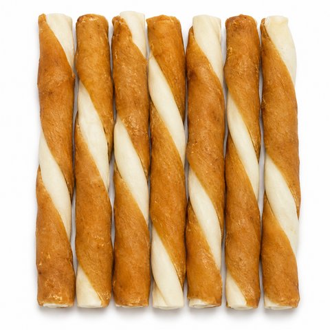 Seven twisted dog treats with alternating golden-brown and white stripes, arranged vertically in a row on a plain white background.