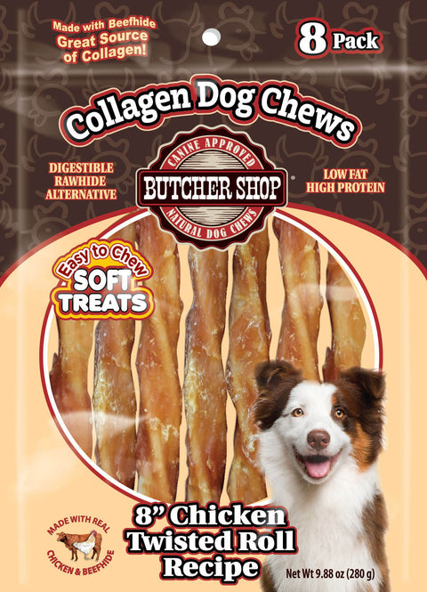 Collagen Dog Chews 8" Chicken Twisted Roll Recipe 8-Pk