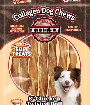 Collagen Dog Chews 8" Chicken Twisted Roll Recipe 8-Pk
